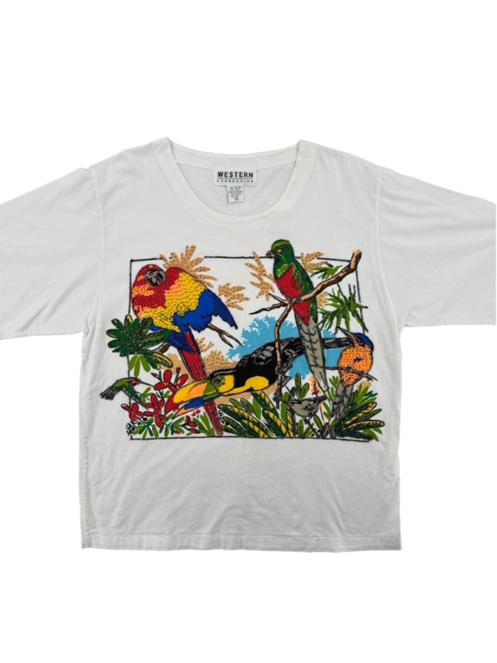 Vintage 90s Tee Tropical Birds Flowers Heavily Beaded Art to Wear Cotton Medium